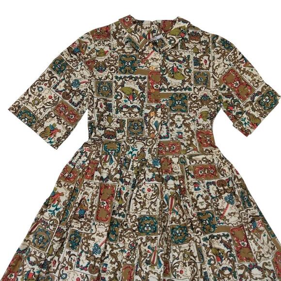 Vintage 1960s Shirt Dress Size XXS Fit & Flare Print Button Up Retro Pin Up VLV - Picture 2 of 9